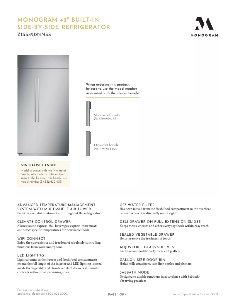 Page 1 de la notice Fiche technique Monogram ZISS420NNSS