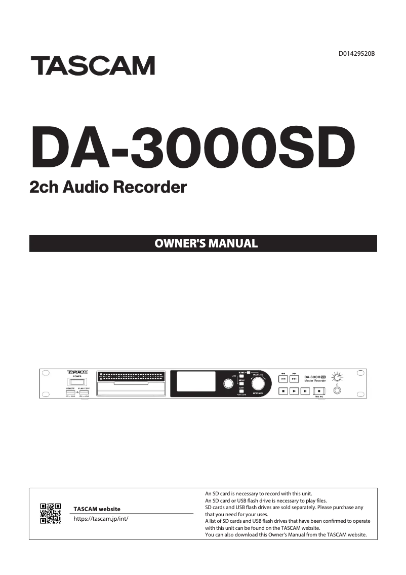 Page 1 de la notice Manuel utilisateur Tascam DA-3000SD