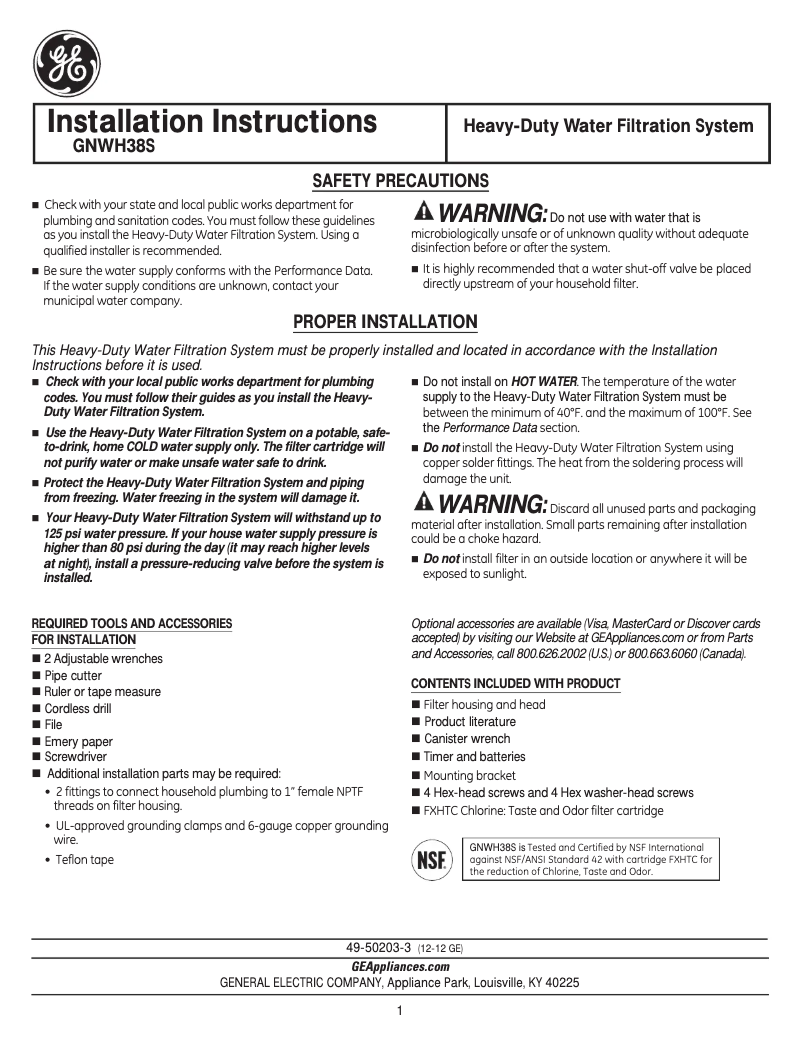 Page 1 de la notice Guide d'installation GE GNWH38S