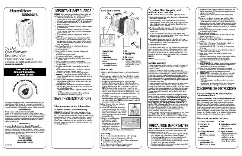 Page 1 de la notice Manuel utilisateur Hamilton Beach TrueAir 04530GM