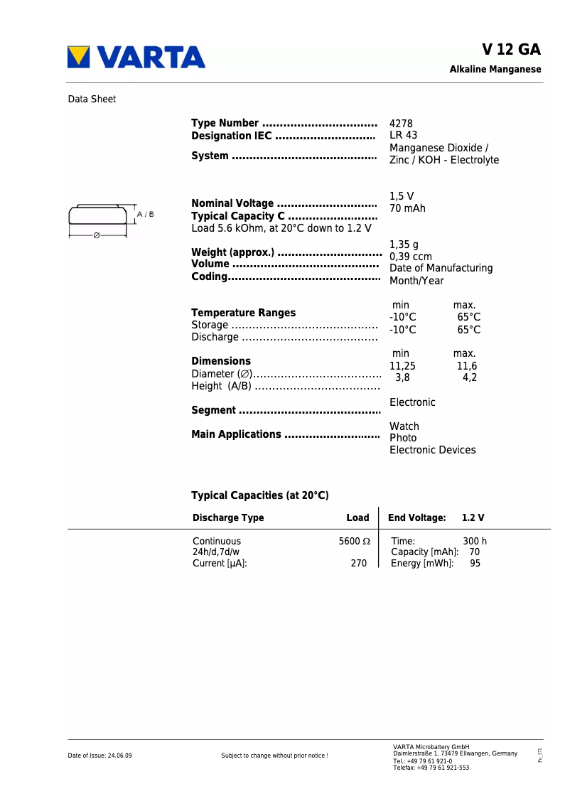 Page 1 de la notice Manuel utilisateur Varta Primary Alkaline Button V 12 GA