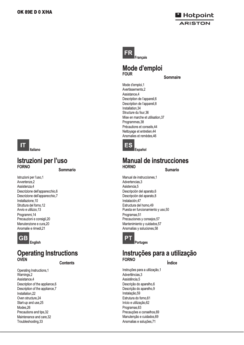 Página 1 del manual Manual de usuario Hotpoint Ariston OK 89E D 0 X/HA
