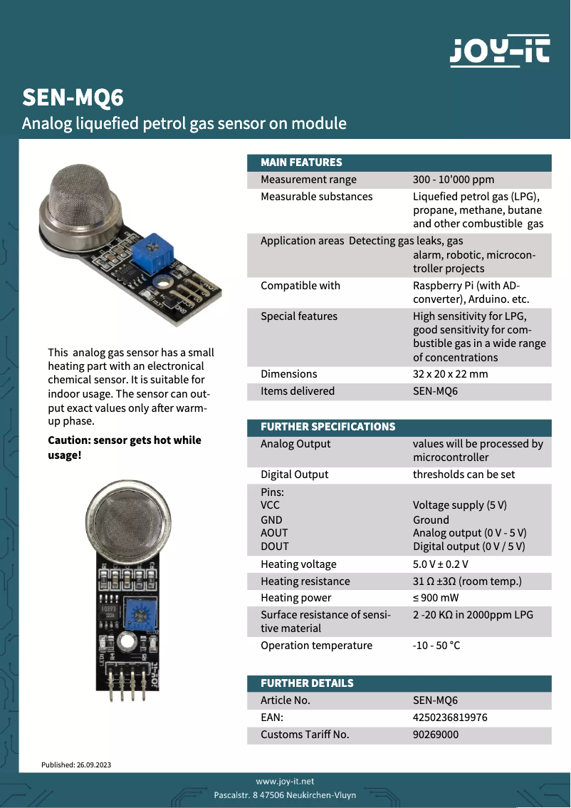 Página 1 del manual Ficha técnica Joy-It SEN-MQ6