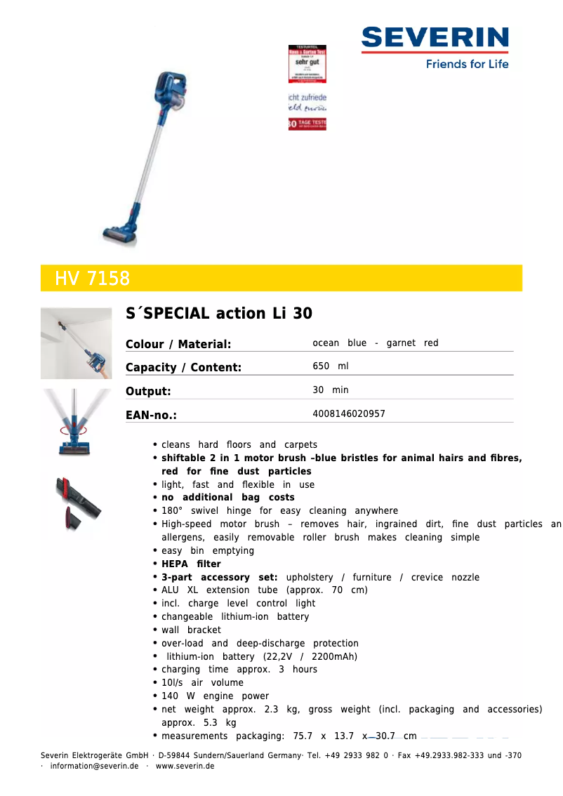 Page n°1 - Fiche technique Severin HV 7158
