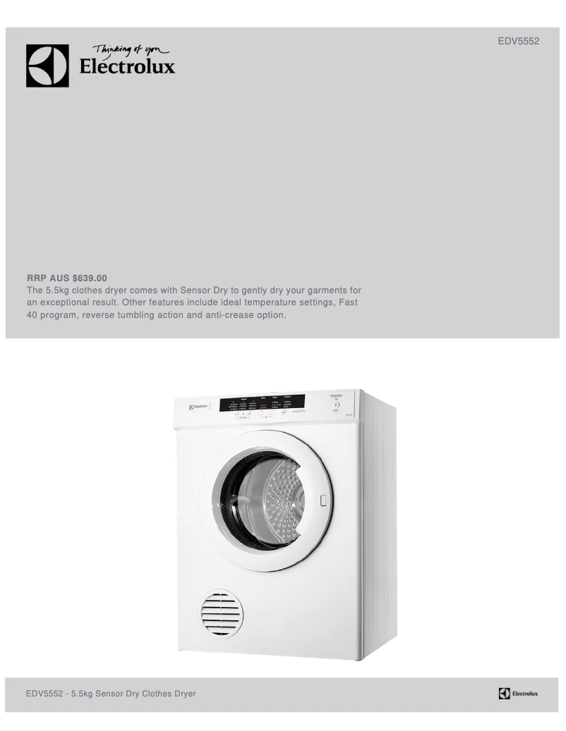 Page 1 de la notice Fiche technique Electrolux EDV5552