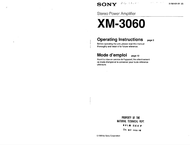 Page 1 de la notice Manuel utilisateur Sony XM-3060