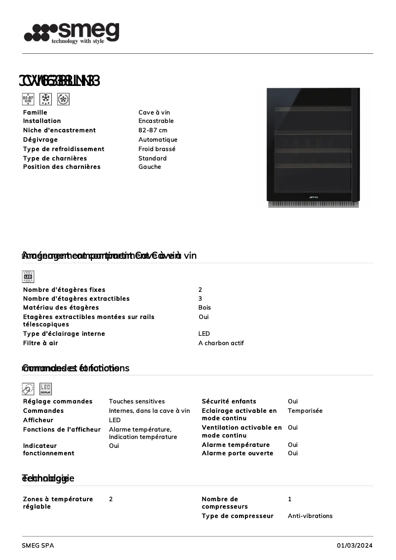 Page 1 de la notice Fiche technique Smeg CVI638LN3