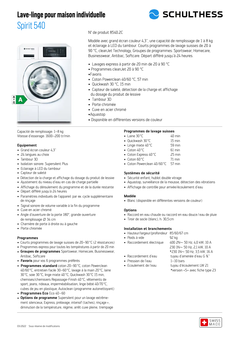 Page 1 de la notice Fiche technique Schulthess Spirit 540