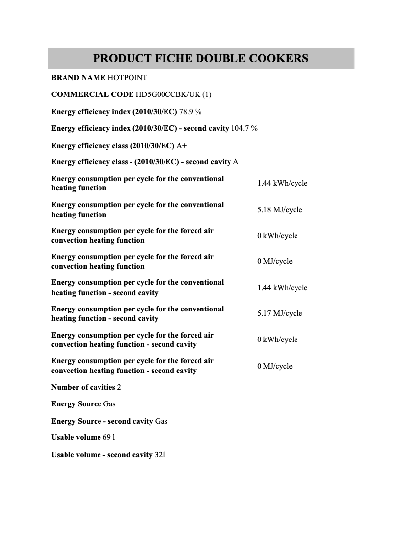 Page n°1 - Fiche technique Hotpoint HD5G00CCBK/UK