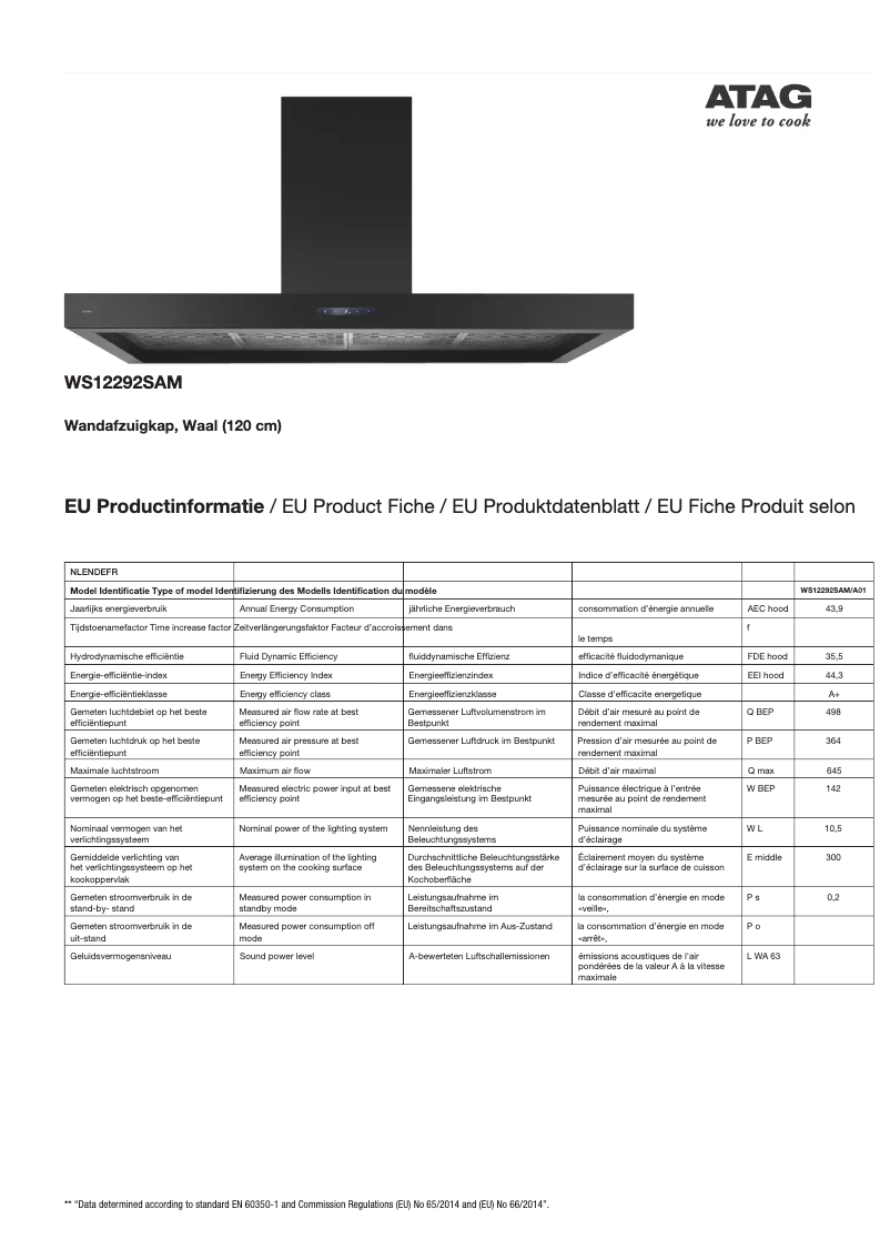 Page 1 de la notice Fiche technique Atag WS12292SAM