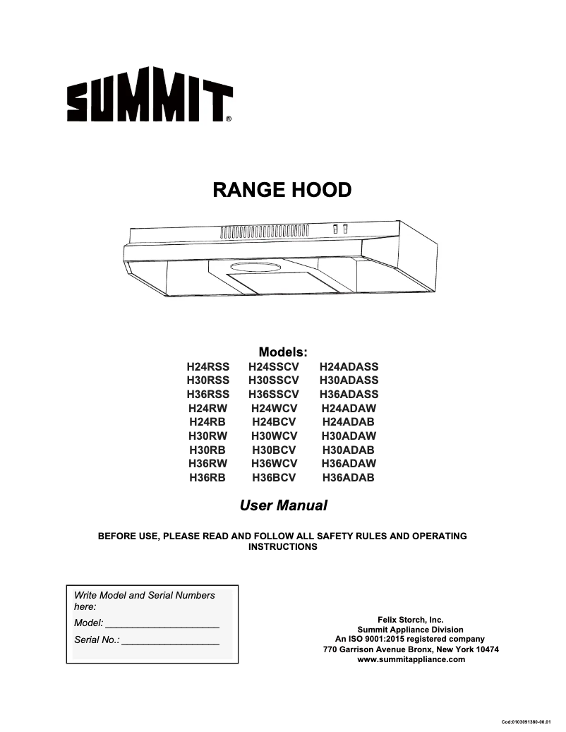 Page 1 de la notice Manuel utilisateur Summit H24RSS