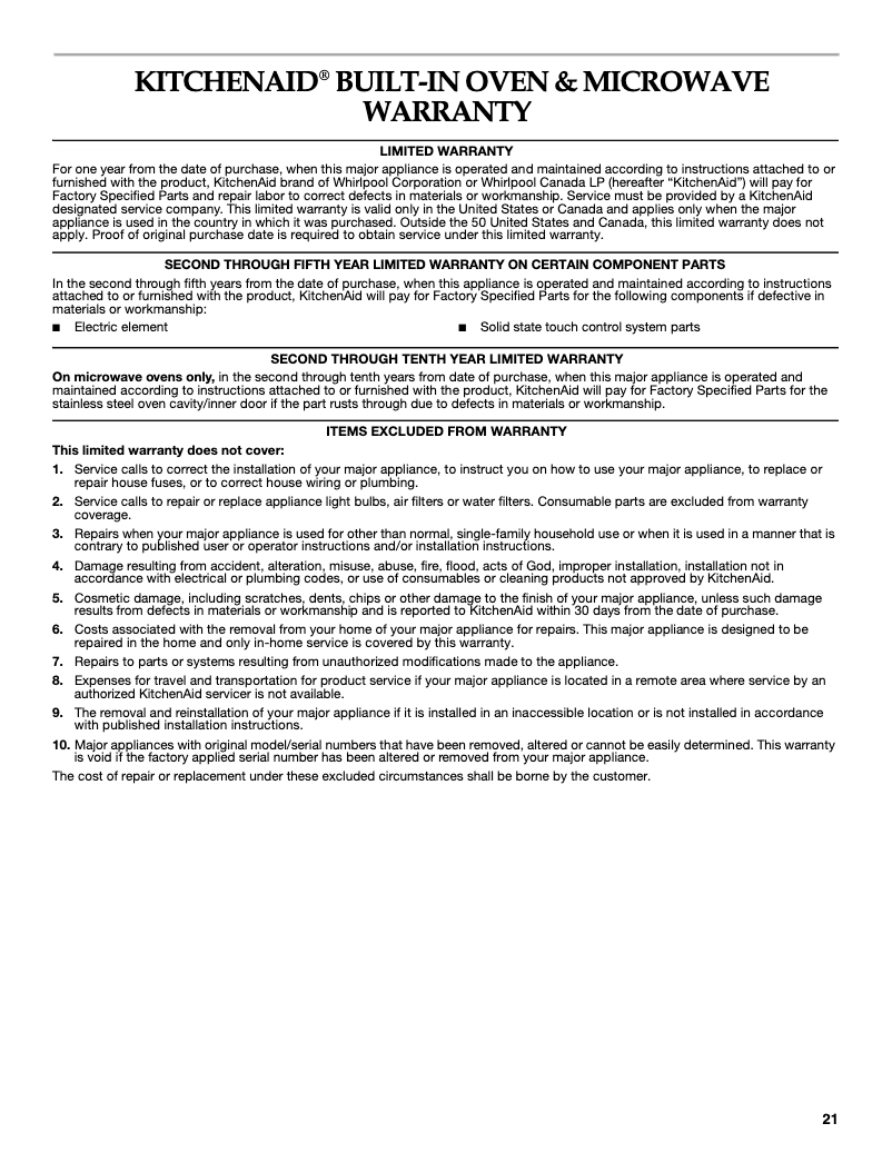 Page 1 de la notice Informations de garantie KitchenAid Architect KEMS378SSS