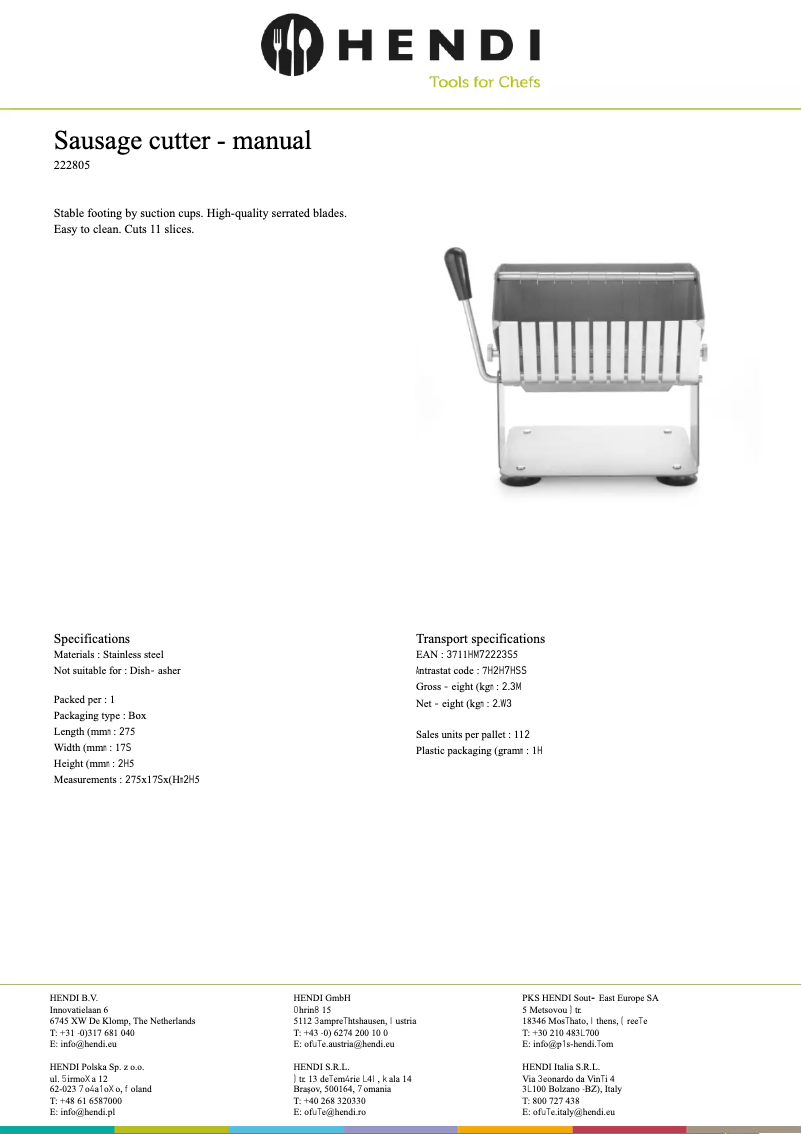 Page 1 de la notice Fiche technique Hendi 222805