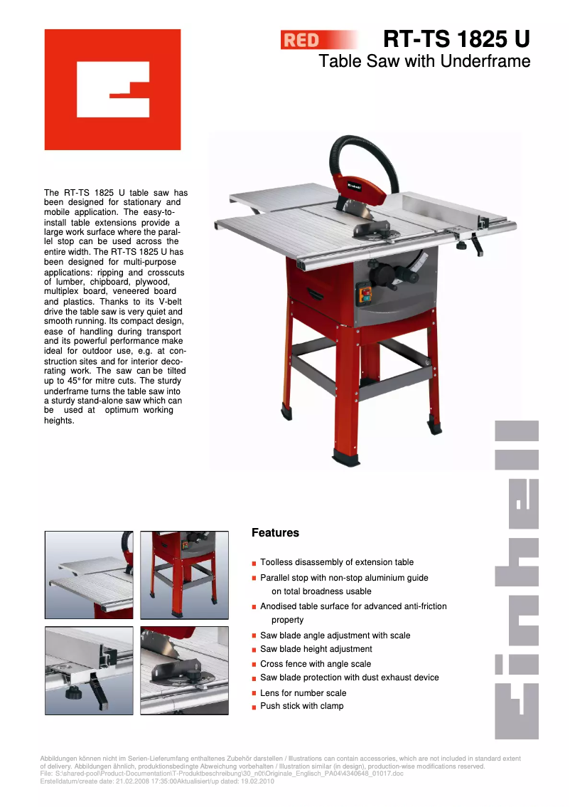 Page 1 de la notice Fiche technique Einhell RT-TS 1825 U