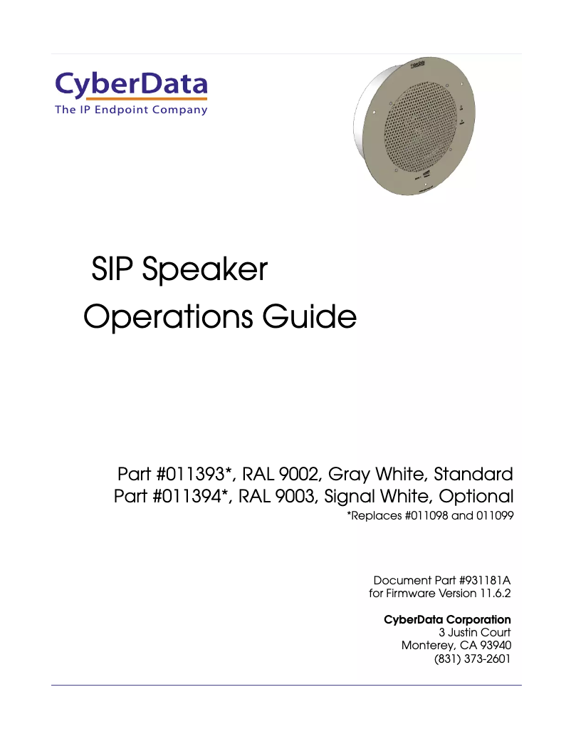 Page n°1 - Manuel utilisateur CyberData Systems SIP 011394