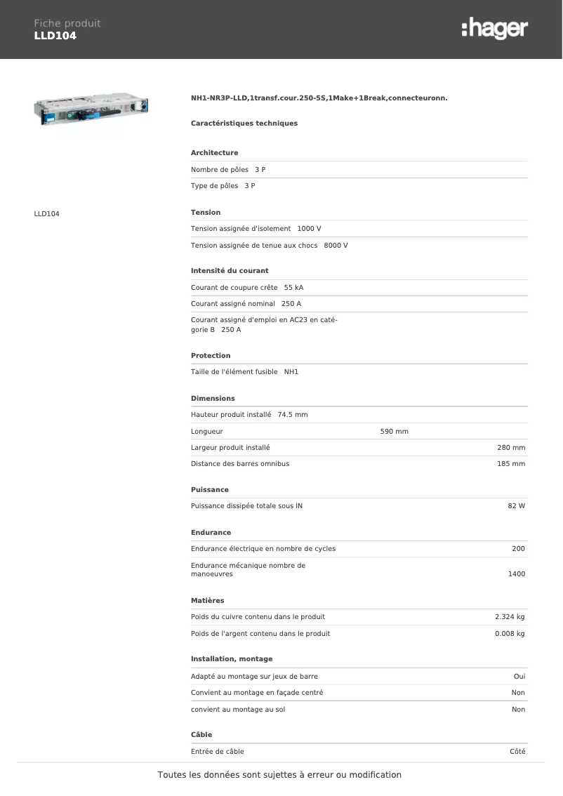 Page 1 de la notice Fiche technique Hager LLD104