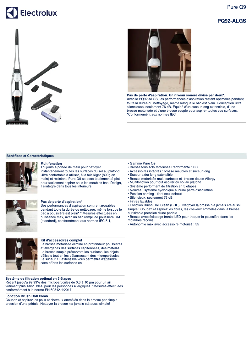 Page 1 de la notice Fiche technique Electrolux Pure Q9 PQ92-ALGS