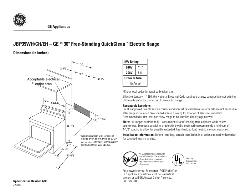 Page n°1 - Fiche technique GE JBP35EHBB