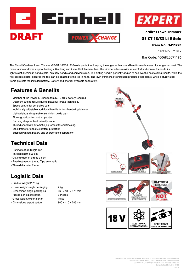 Page n°1 - Fiche technique Einhell GE-CT 18/33 Li E