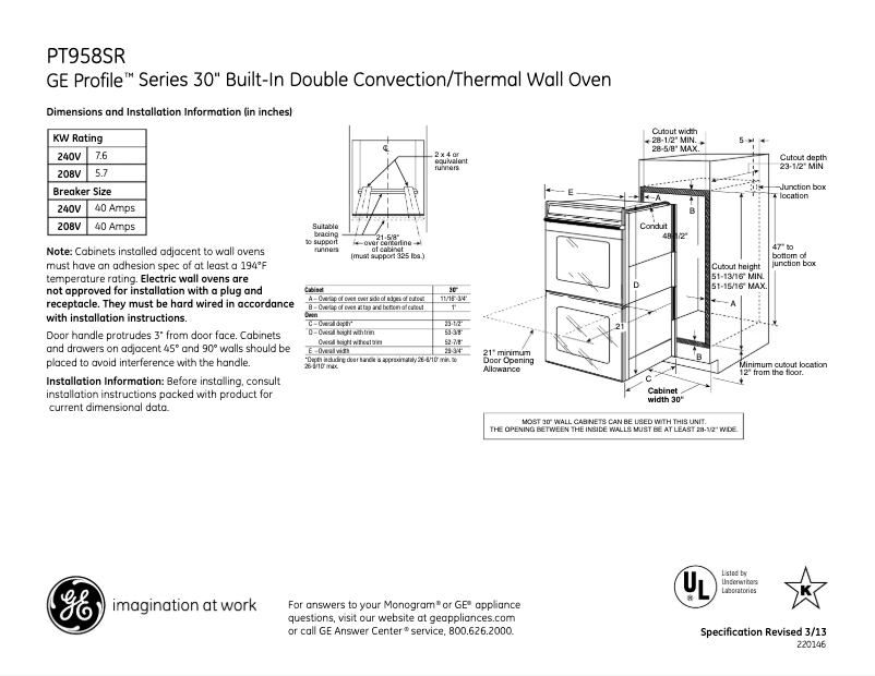 Page 1 de la notice Fiche technique GE PT958SRSS
