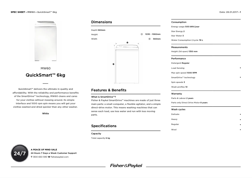 Page 1 de la notice Fiche technique Fisher & Paykel MW60