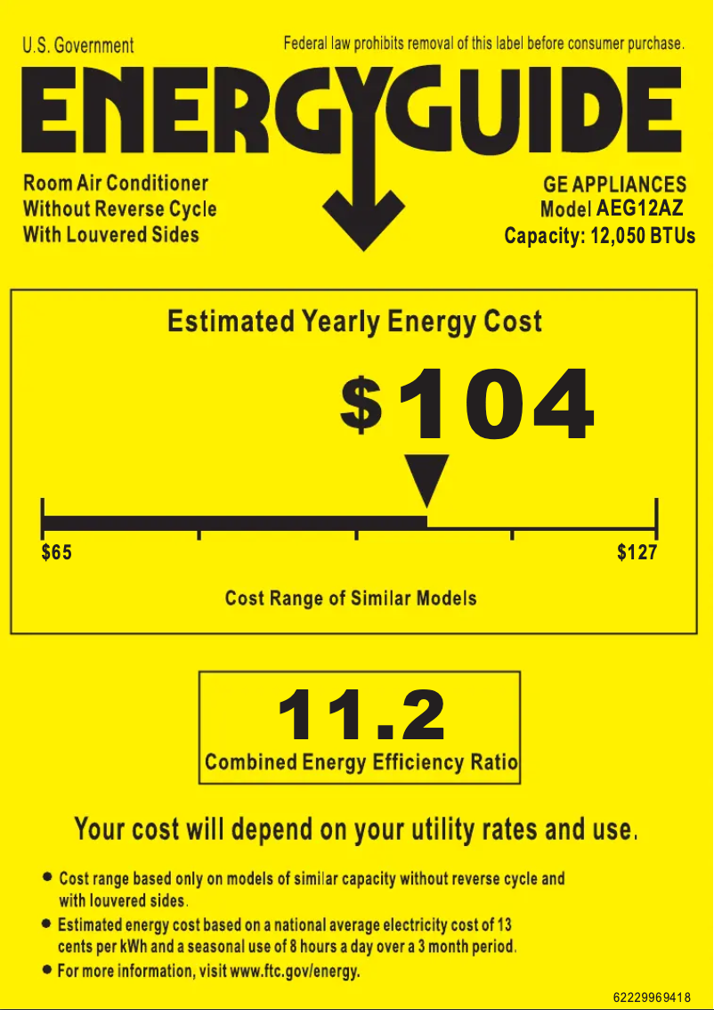 Page 1 de la notice Label énergétique GE AEG12AZ