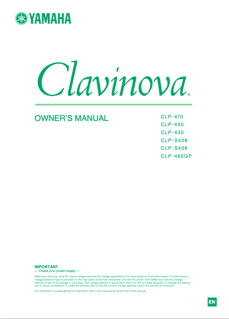 Page 1 de la notice Manuel utilisateur Yamaha Clavinova CLP-S406