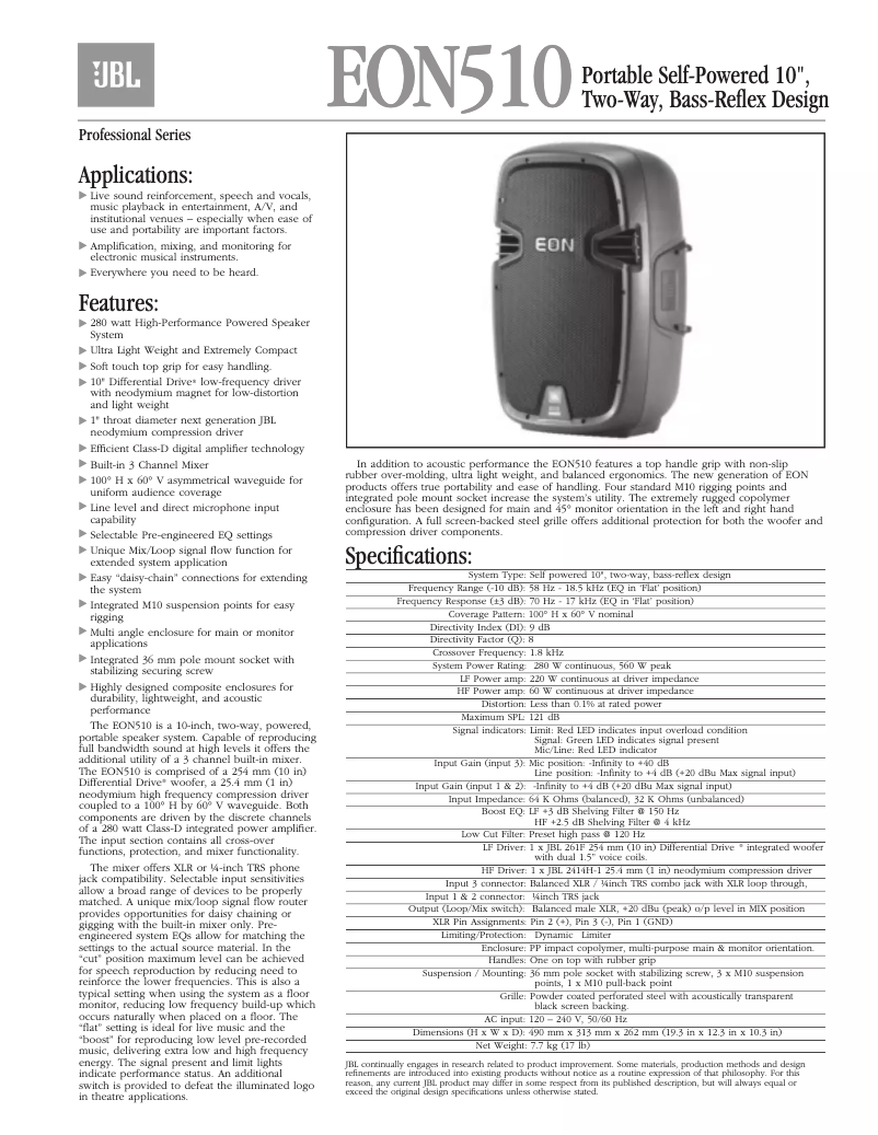 Page 1 de la notice Fiche technique JBL EON 510
