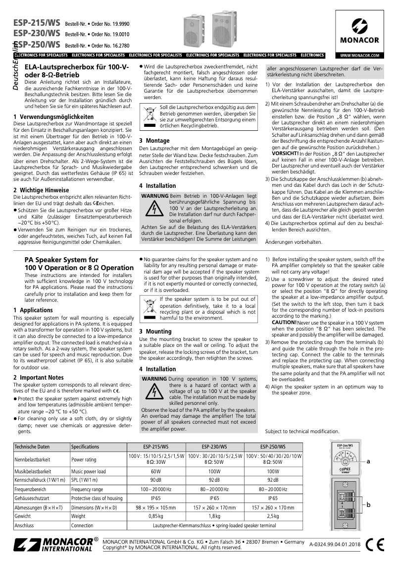 Page n°1 - Manuel utilisateur Monacor ESP-250/WS