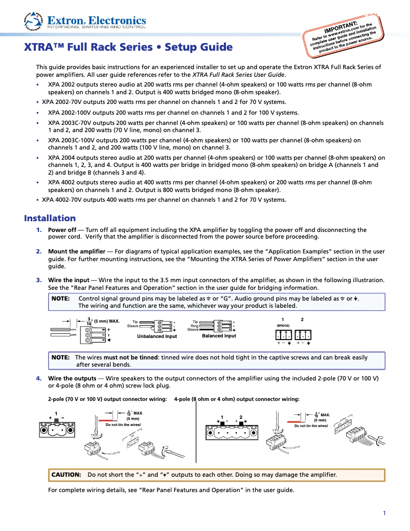 Page n°1 - Manuel utilisateur Extron XPA 2004