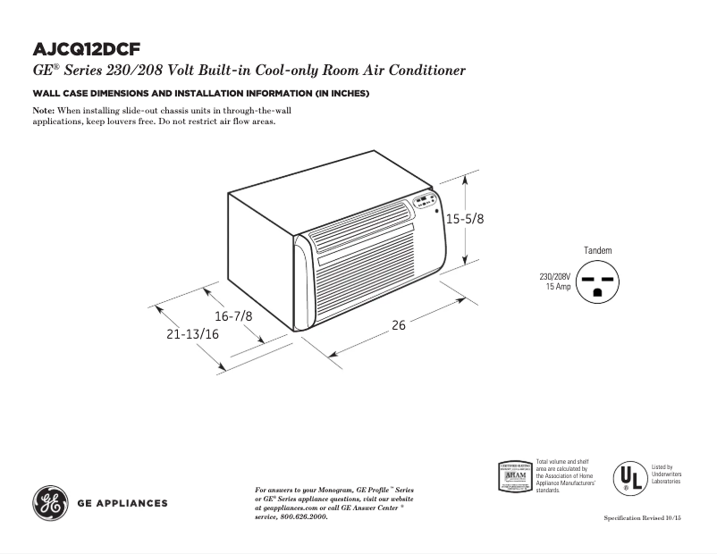 Page 1 de la notice Fiche technique GE AJCQ12DCF