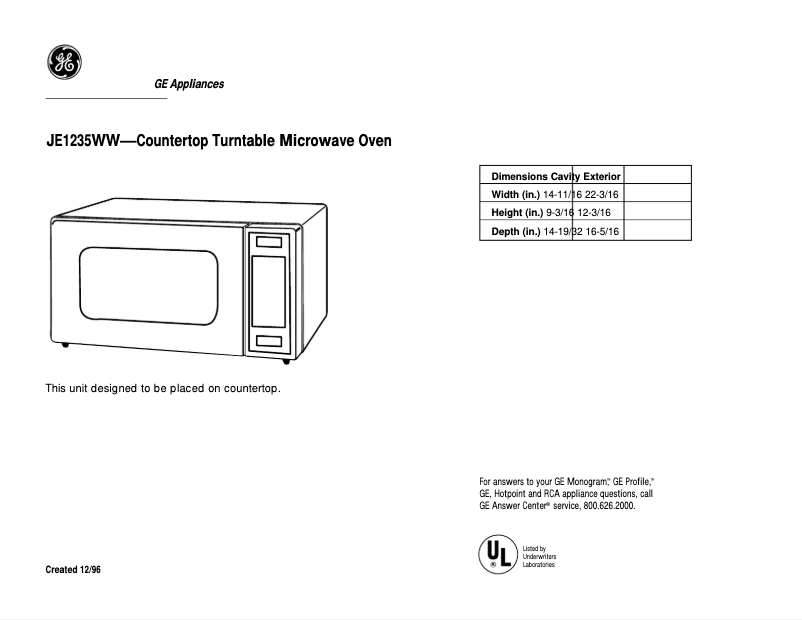 First page image of the manual for JE1235WW