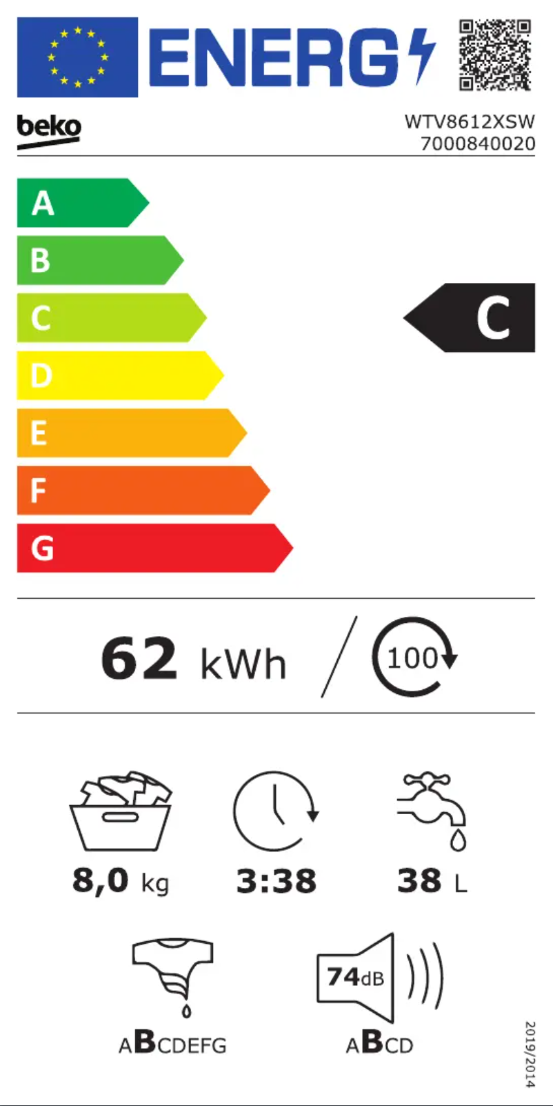 Page 1 de la notice Label énergétique Beko WTV 8612 XSW