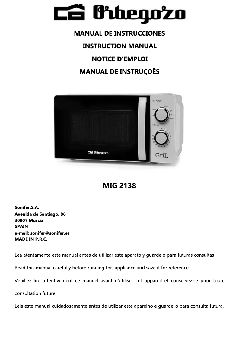 Page n°1 - Manuel utilisateur Orbegozo MIG 2138