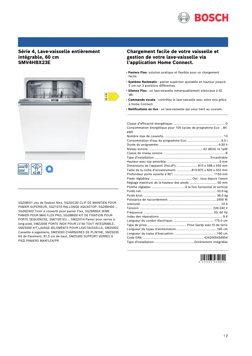 Page 1 de la notice Manuel utilisateur Bosch SMV4HBX23E