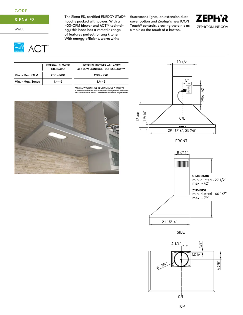 Page 1 de la notice Fiche technique Zephyr Siena ZSI-E36AS-ES