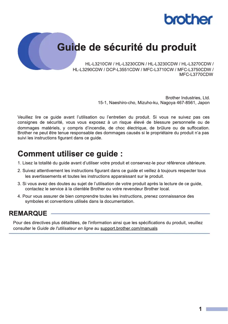 Page n°1 - Instructions de sécurité Brother HL-L3290CDW