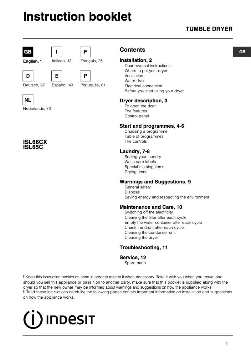 Page 1 de la notice Manuel utilisateur Indesit ISL66CX