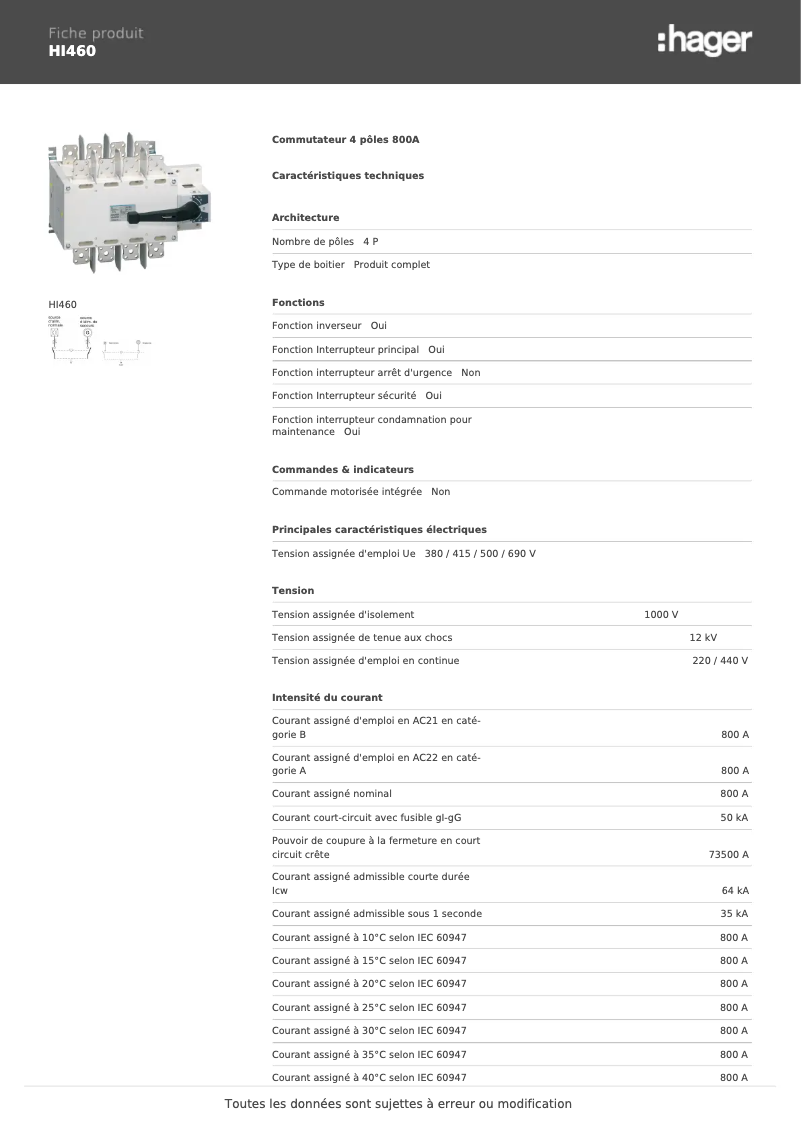 Page n°1 - Fiche technique Hager HI460