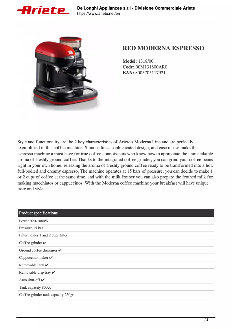 Page 1 de la notice Fiche technique Ariete Moderna Espresso 1318
