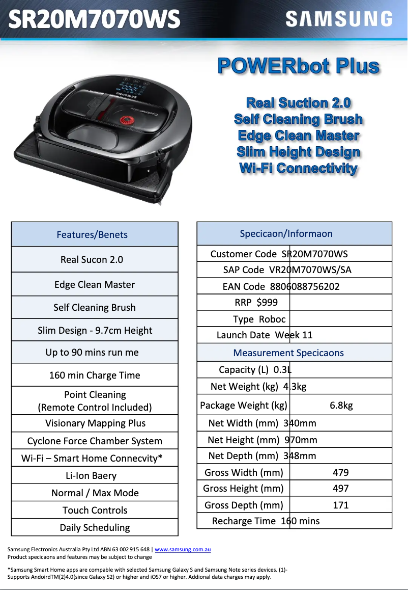 Page n°1 - Fiche technique Samsung SR20M7070WS