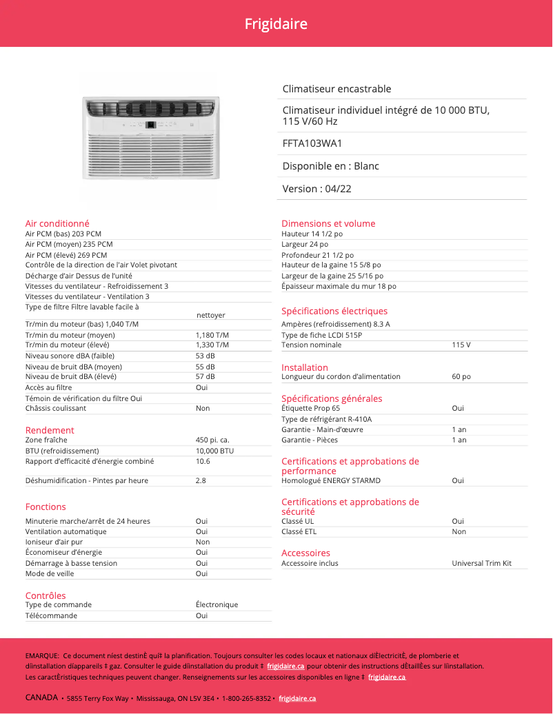 Página 1 del manual Ficha técnica Frigidaire FFTA103WA1