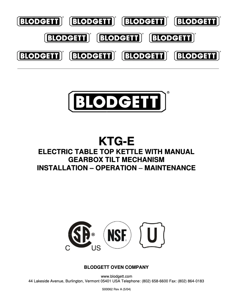 Page 1 de la notice Manuel utilisateur Blodgett KTG-10E