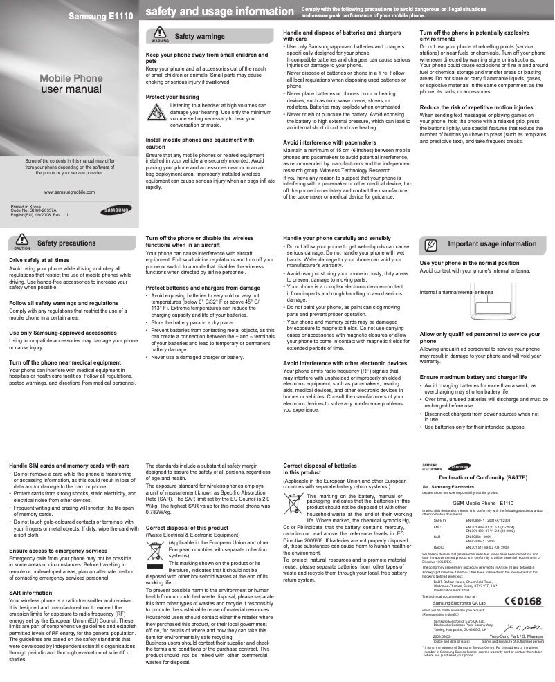 Page 1 de la notice Manuel utilisateur Samsung GT-E1110