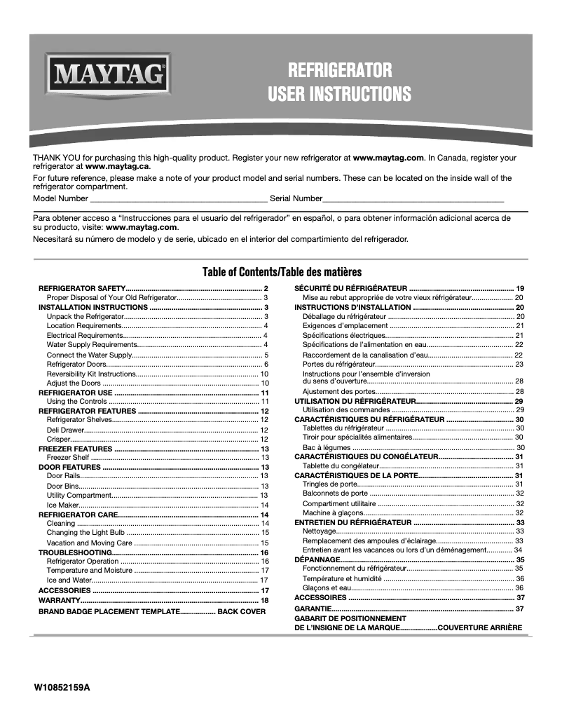 Page 1 de la notice Manuel utilisateur Maytag MRT118FFFM