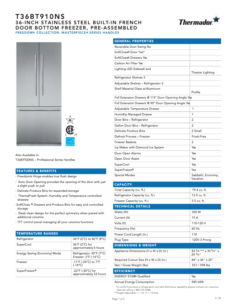 Page 1 de la notice Fiche technique Thermador T36BT910NS