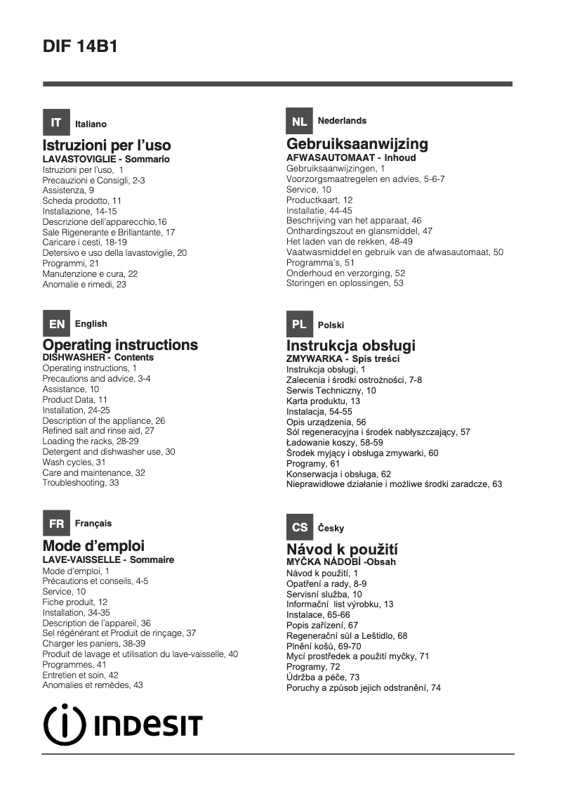 Page 1 de la notice Manuel utilisateur Indesit DIF 14