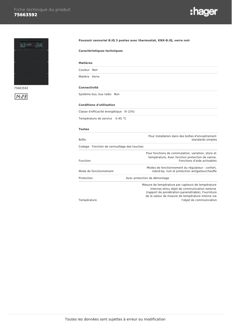 Page 1 de la notice Fiche technique Hager 75663592
