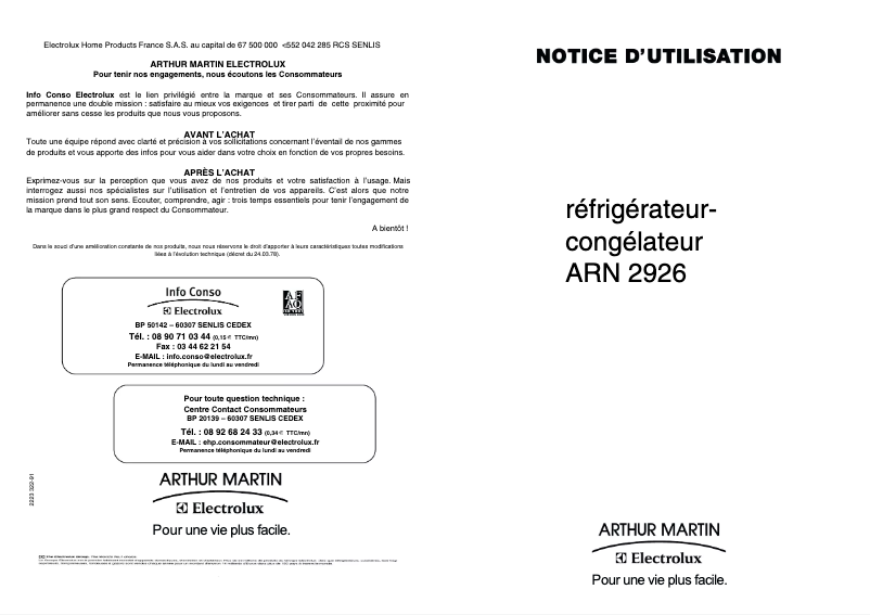 Page 1 de la notice Manuel utilisateur Arthur Martin-Electrolux ARN2926