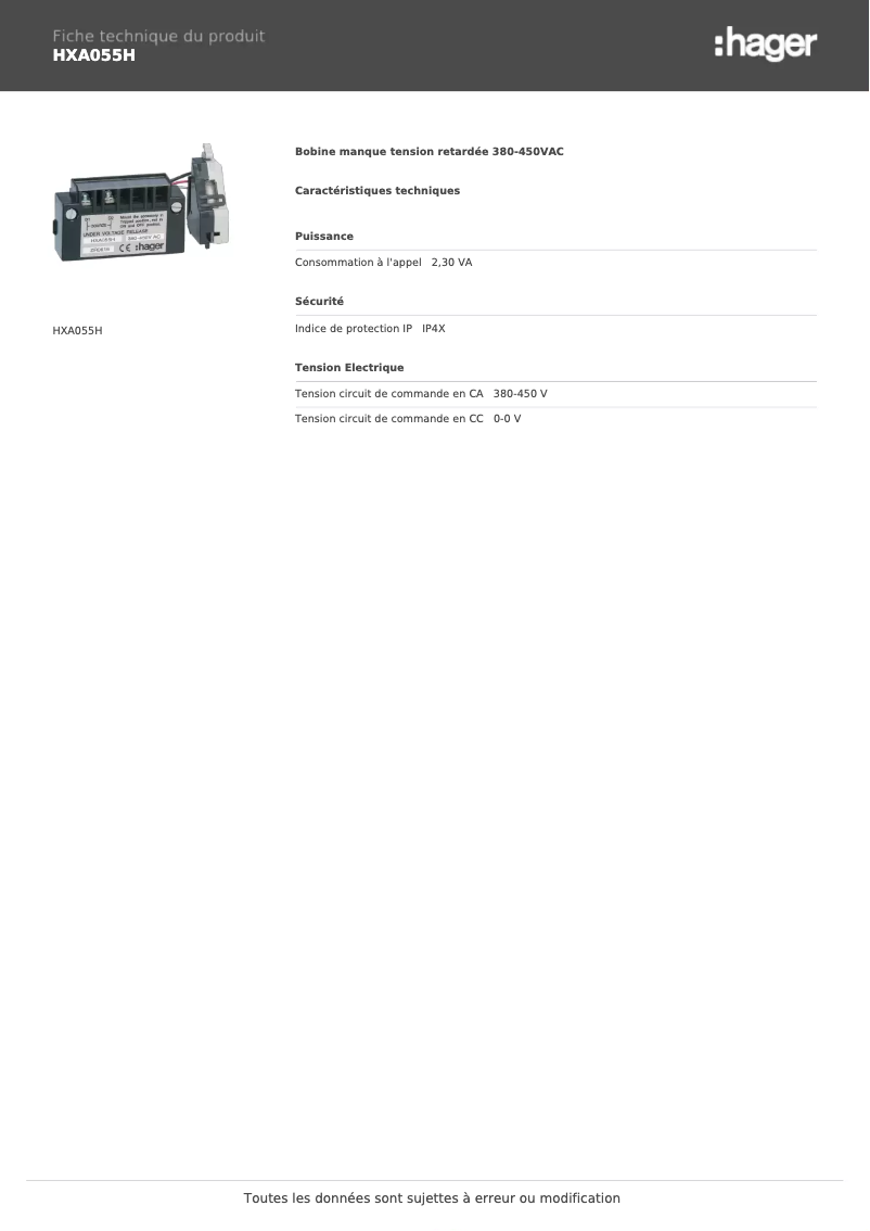 Page 1 de la notice Fiche technique Hager HXA055H